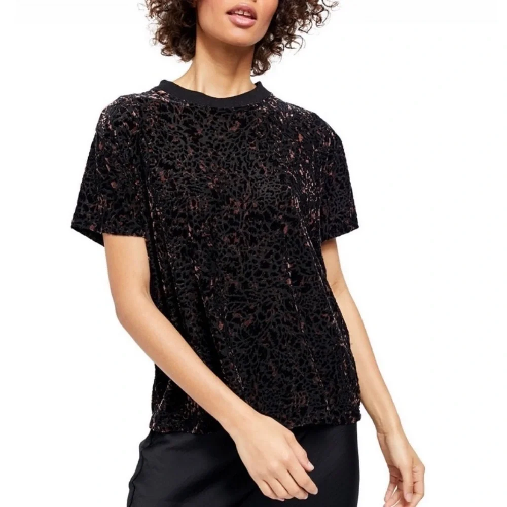 NEW Free People Teddy Cheetah Combo Velvet Short Sleeve Shirt S